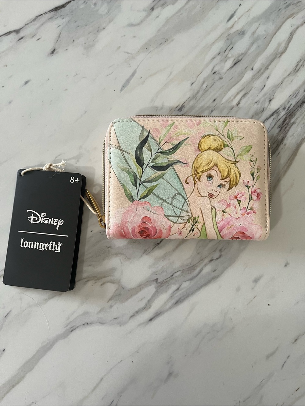 Disney Loungefly Tinker Bell Floral Pink and Green Zip Card Holder/ Wallet. NWT